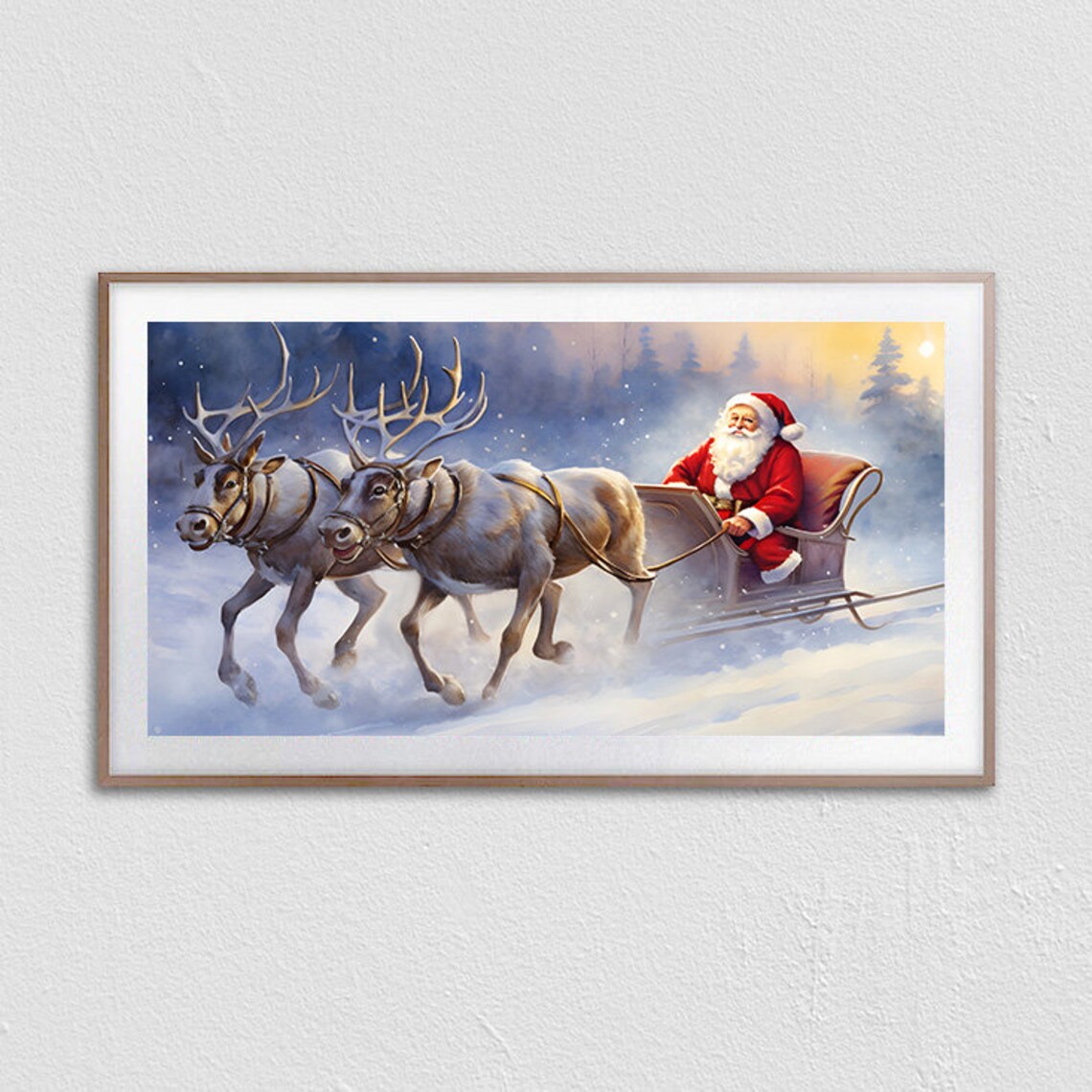 Santa Claus Riding Reindeer Sleigh Through Snowy Forest Poster - Image 3