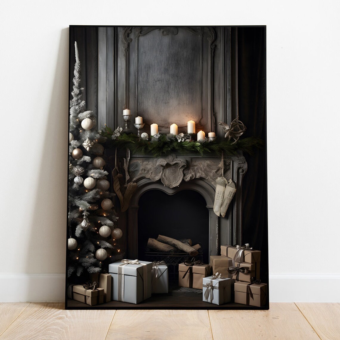 Moody Christmas Fireplace Mantel With Candles And Gifts Poster