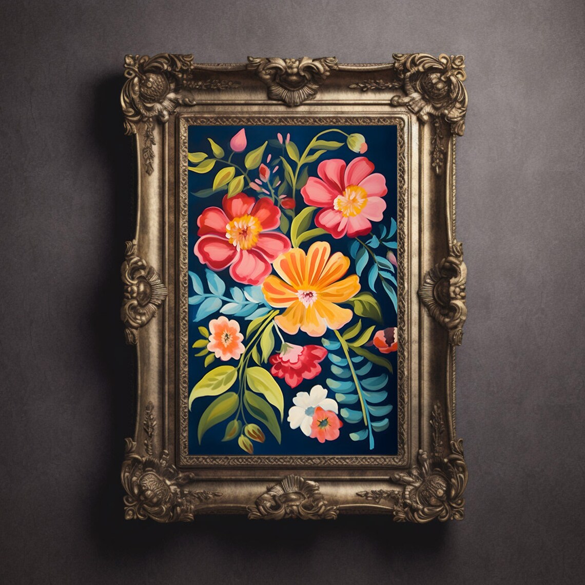 Jewel Toned Coral Flowers on Dark Navy Floral Botanical Painting Poster - Image 3