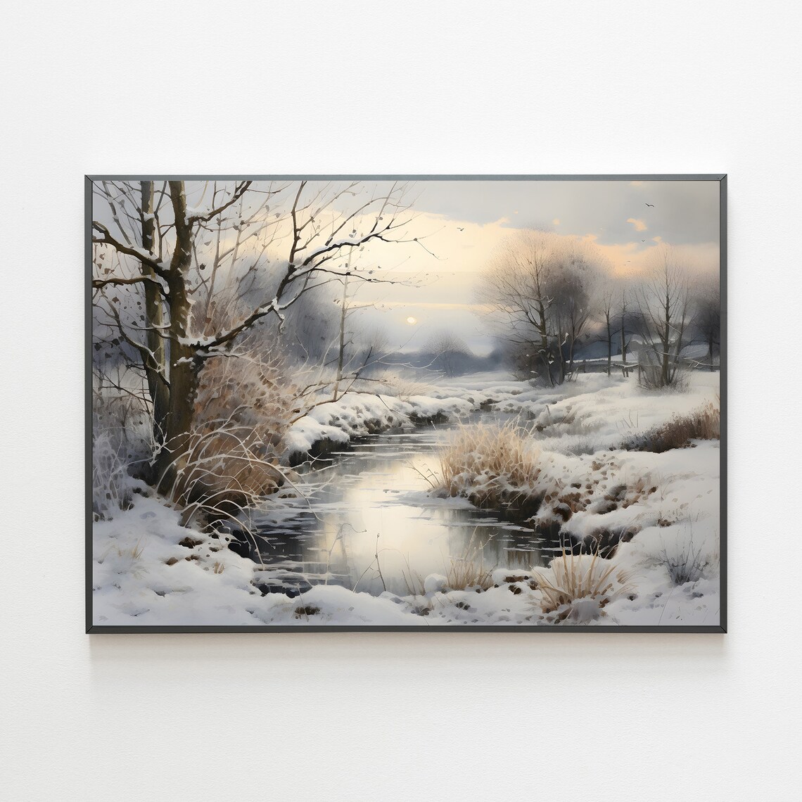 Snowy River Landscape At Dawn With Pale Sun Winter Watercolor Poster