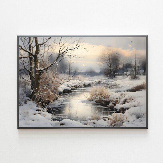 Vintage Winter Painting Rustic Winter Landscape Print Moody Country Scenery Christmas Art Cottagecore Wall Art