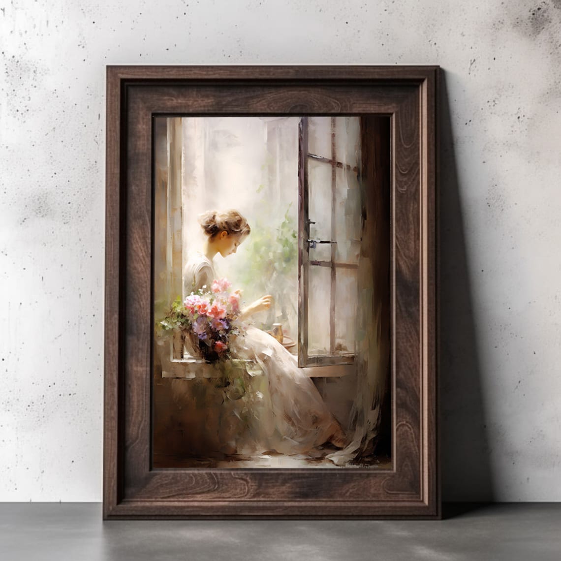 Impressionist Woman At Sunlit Window With Flower Bouquet Poster - Image 2