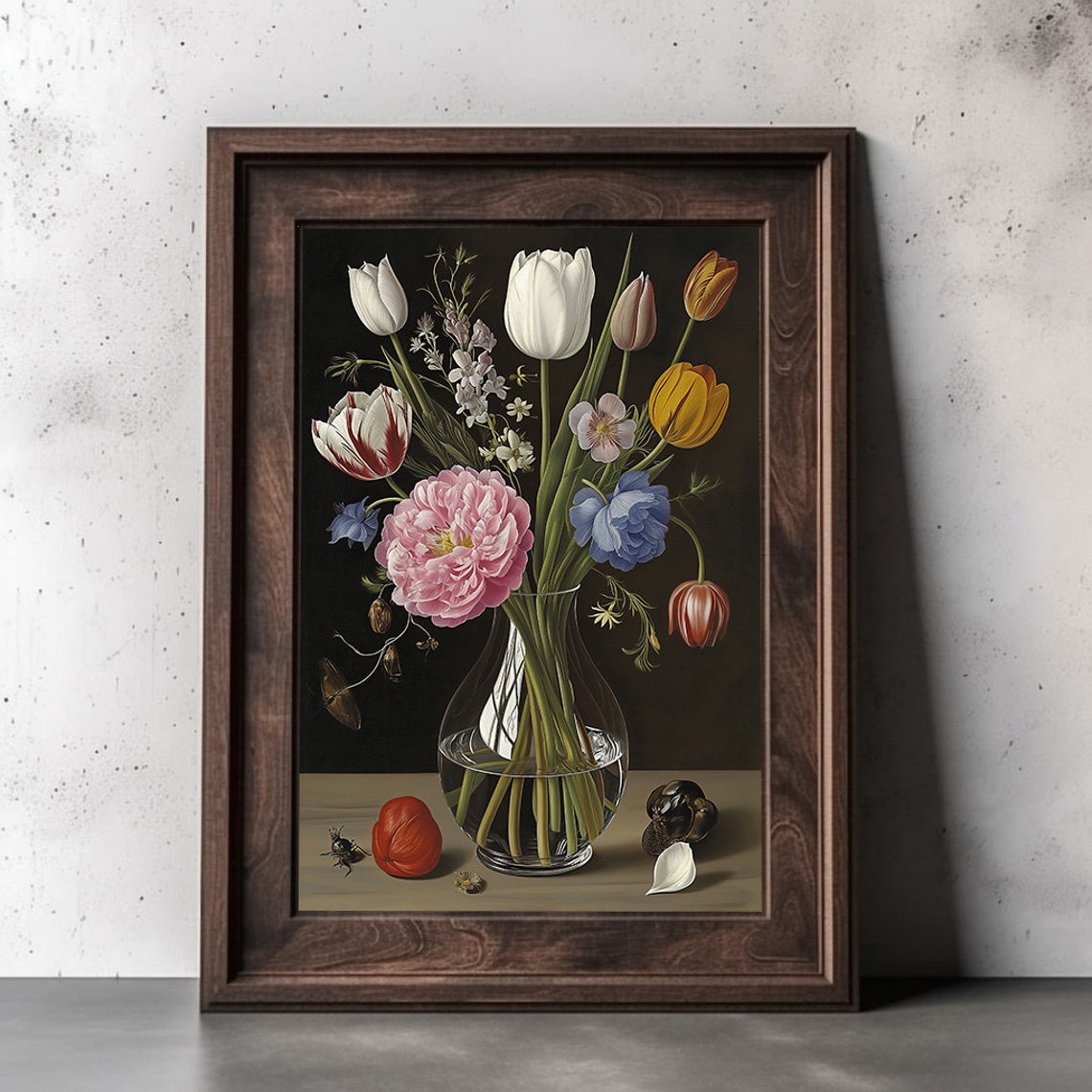 Moody Dutch Master Floral Still Life Tulips And Peony Poster - Image 2