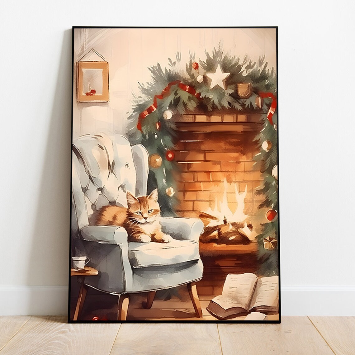 Ginger Cat Lounging By A Warm Fireplace At Christmas Wall Art