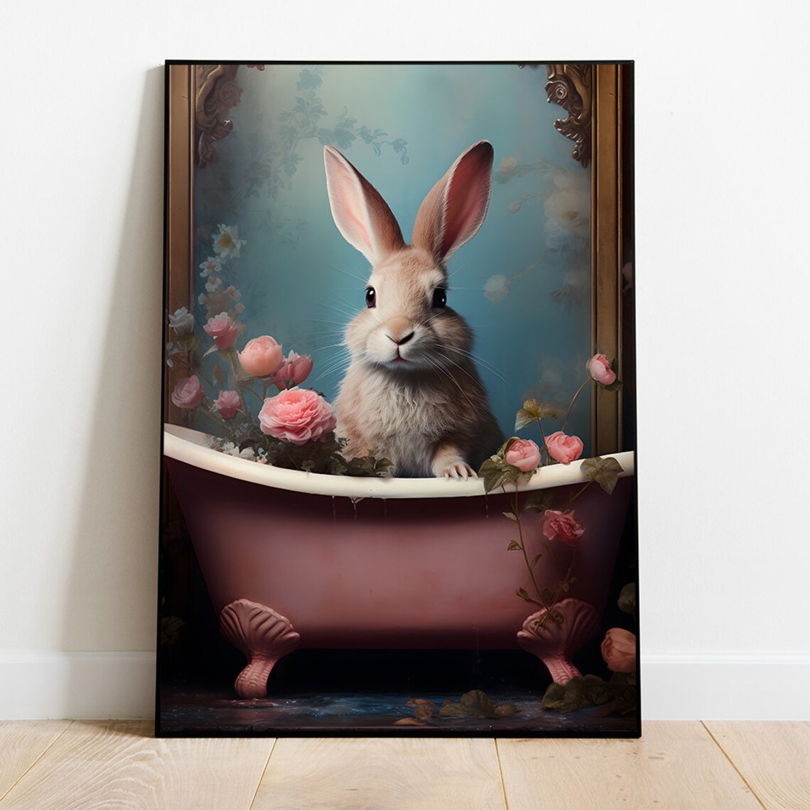 Bunny In Tub Bathroom Art Print With Flowers