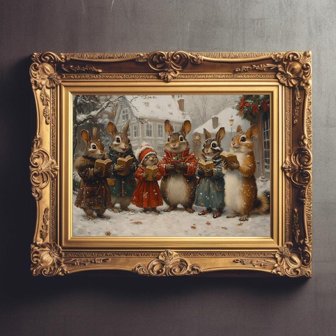 Cute Bunnies Christmas Caroling in Snow with Songbooks Woodland Poster - Image 3