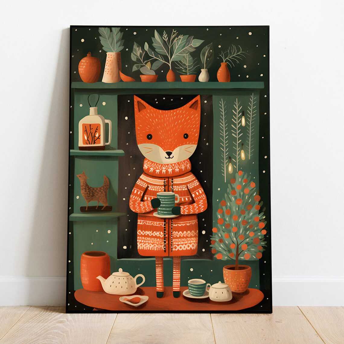Cute Winter Fox In Orange Fair Isle Sweater With Hot Cocoa Poster