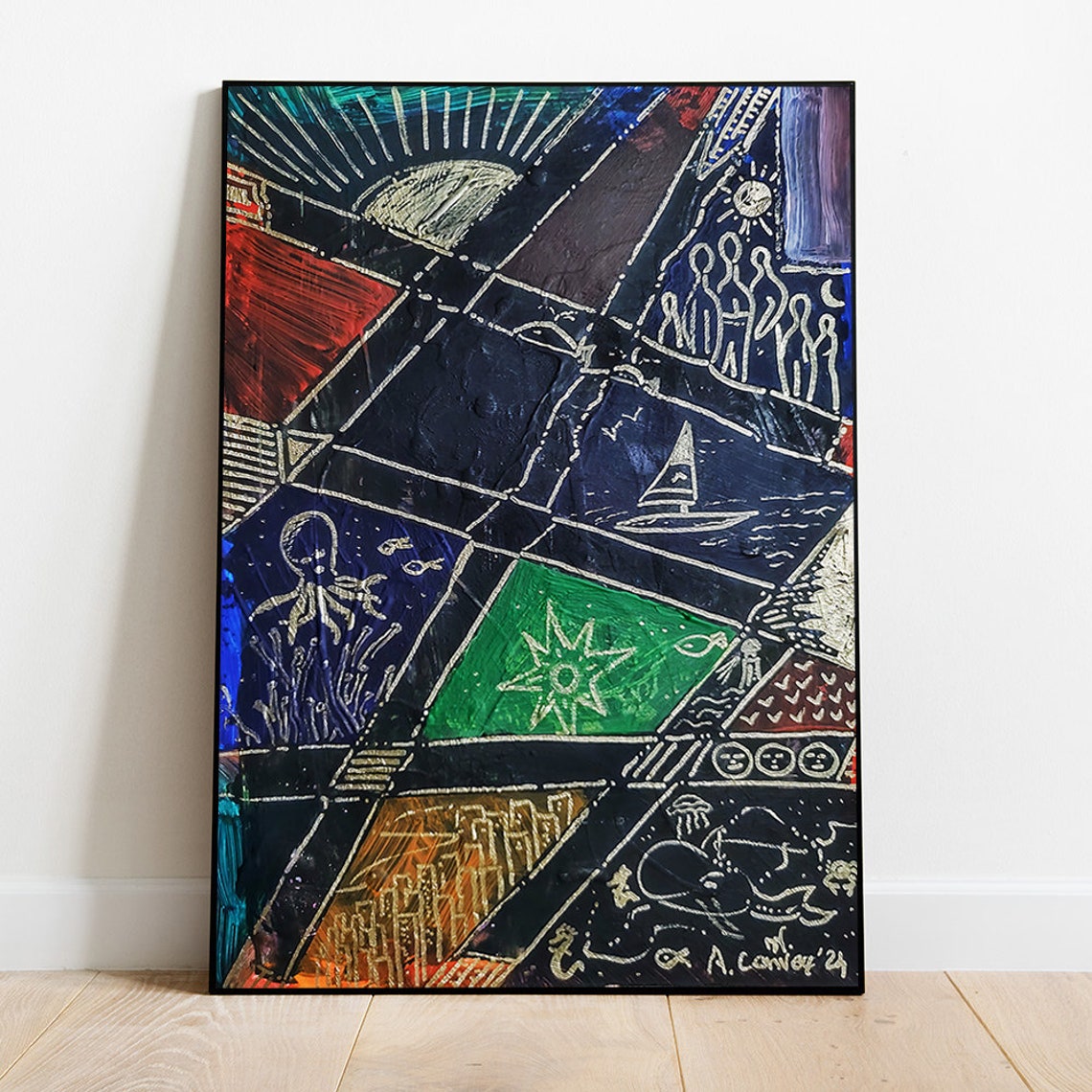 Midnight Nautical Doodle Art Sea Creatures Sailing Panels Poster