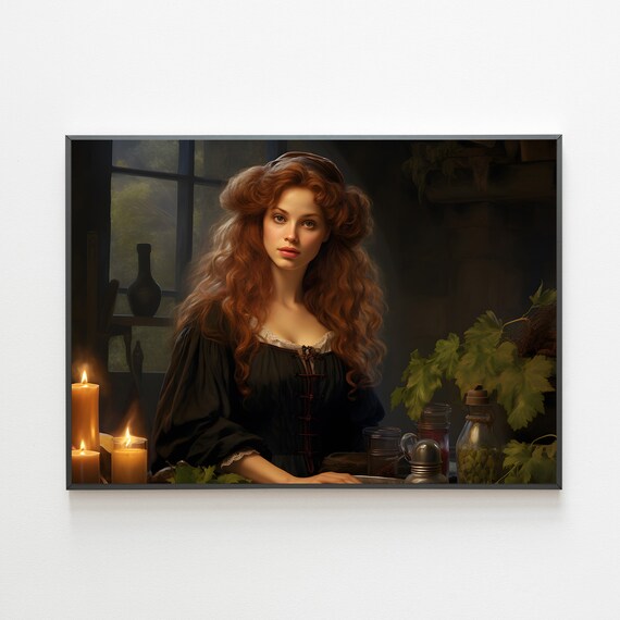 Red Haired Woman With Candles Moody Vintage Oil Painting Poster