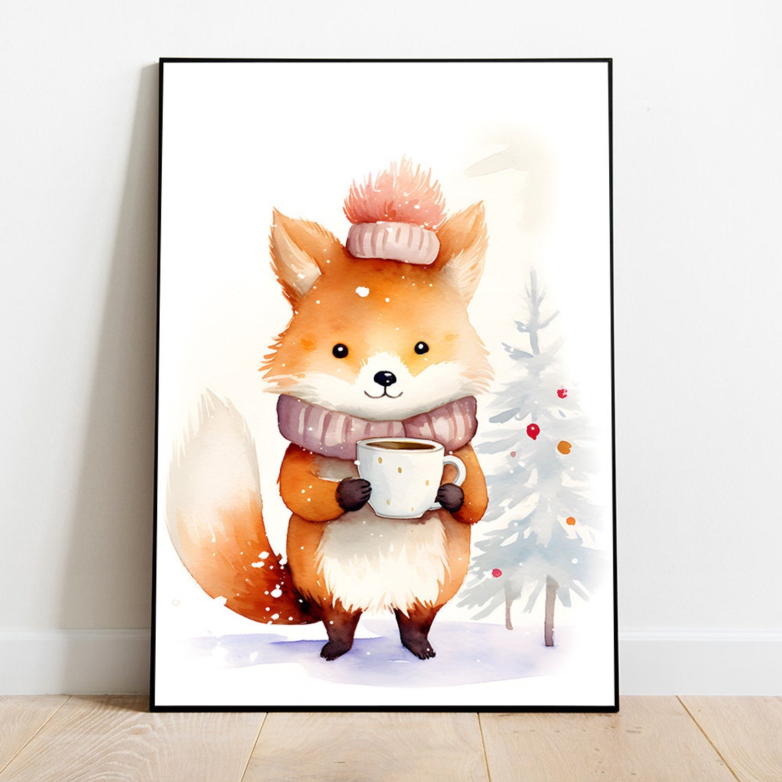 Cute Watercolor Fox In A Winter Hat Holding Hot Cocoa Mug Poster