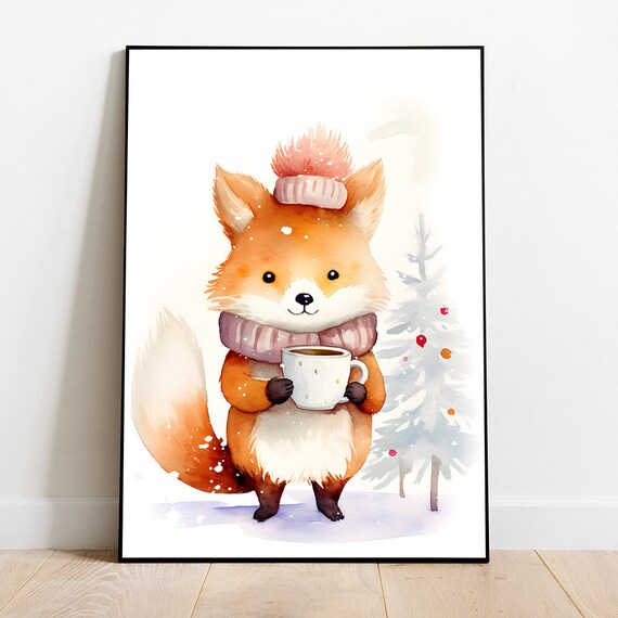 Cute Watercolor Fox In A Winter Hat Holding Hot Cocoa Mug Poster