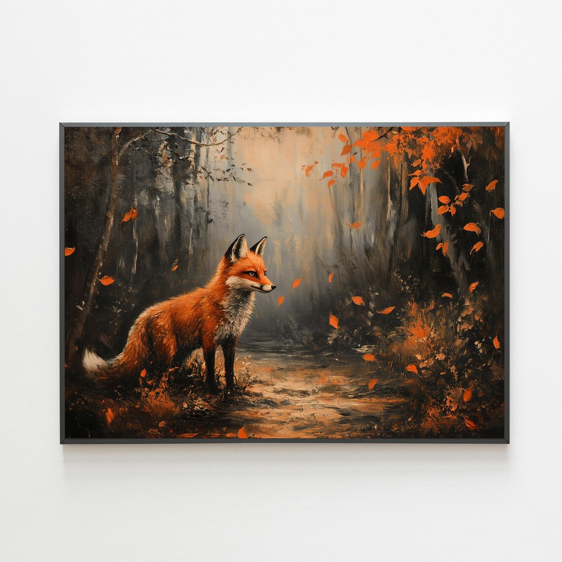 Red Fox in Autumn Forest with Falling Orange Leaves Moody Painting Poster