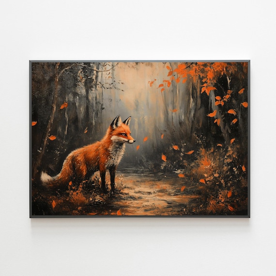 Red Fox in Autumn Forest with Falling Orange Leaves Moody Painting Poster