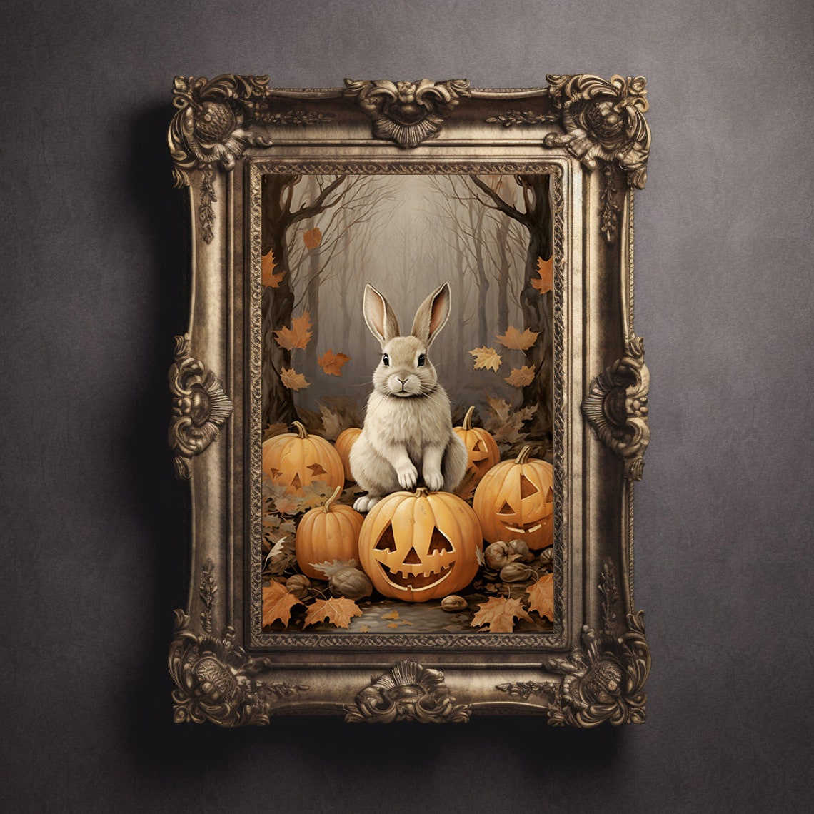 Nursery Halloween Wall Art Halloween Bunny Painting Cute Rabbit Pumpkin Print Moody Halloween Art - Image 2