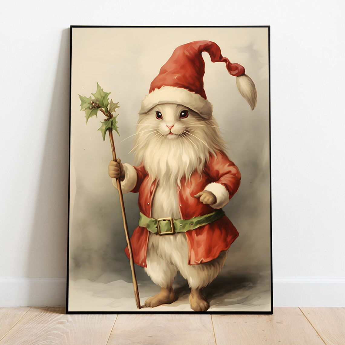 Whimsical Bunny Dressed As Santa Claus Holding Holly Staff Poster