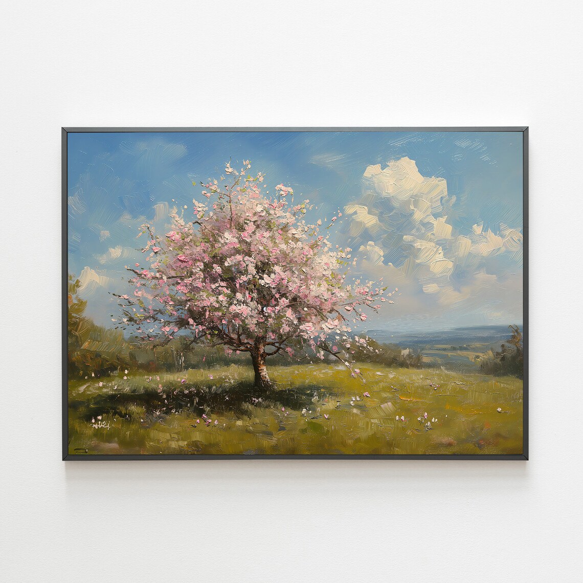 Cherry Blossom Tree in Bloom Oil Painting Over Green Spring Meadow Poster