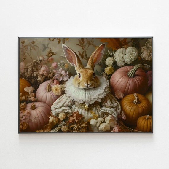 Renaissance Rabbit Pastel Pumpkins Fall Floral Whimsical Animal Poster