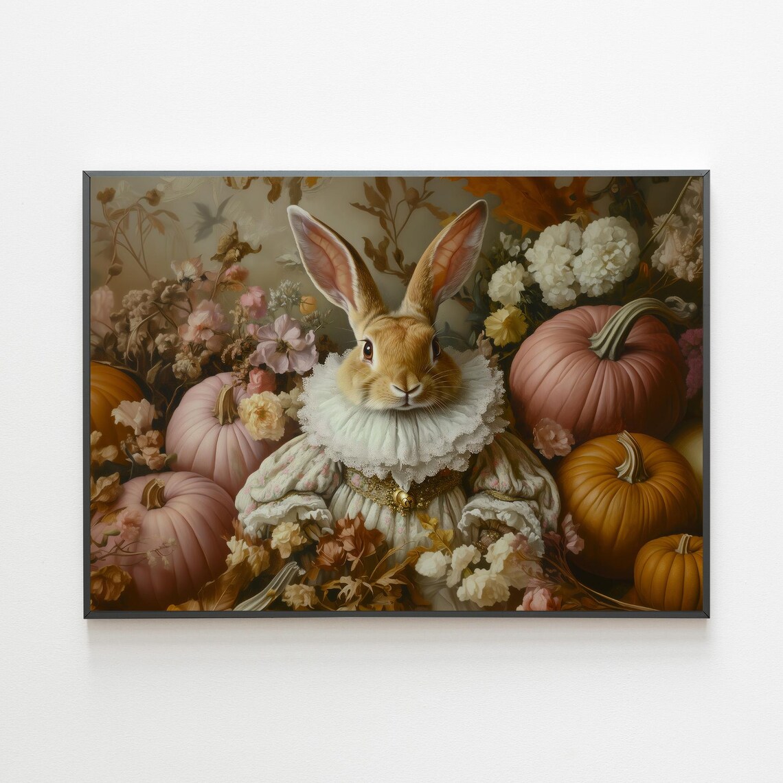 Renaissance Rabbit Pastel Pumpkins Fall Floral Whimsical Animal Poster