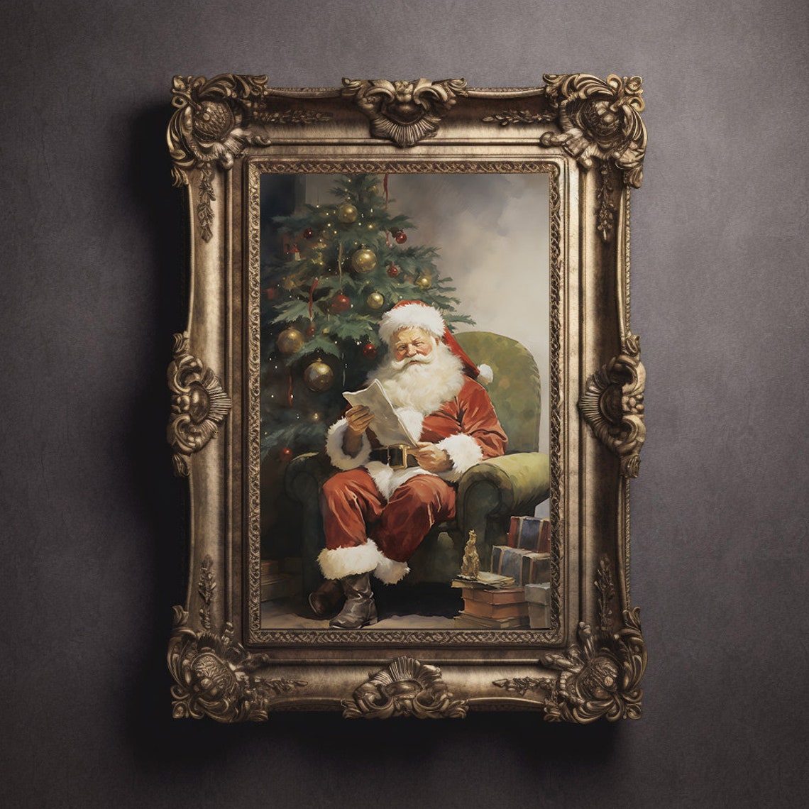 Classic Santa Claus Reading Letters Beside Christmas Tree Poster - Image 3
