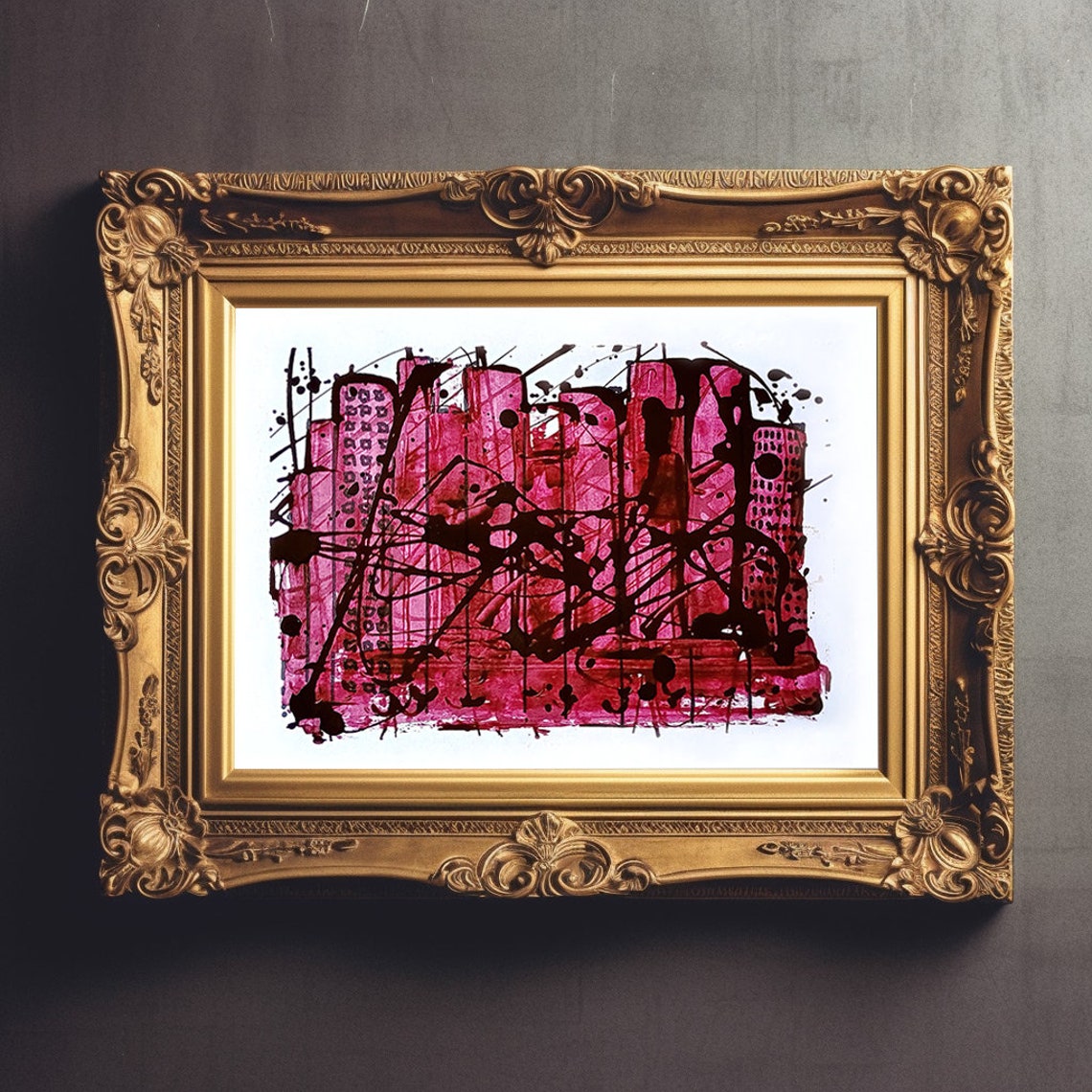 Magenta City Skyline Abstract Painting With Black Ink Splatter Poster - Image 3