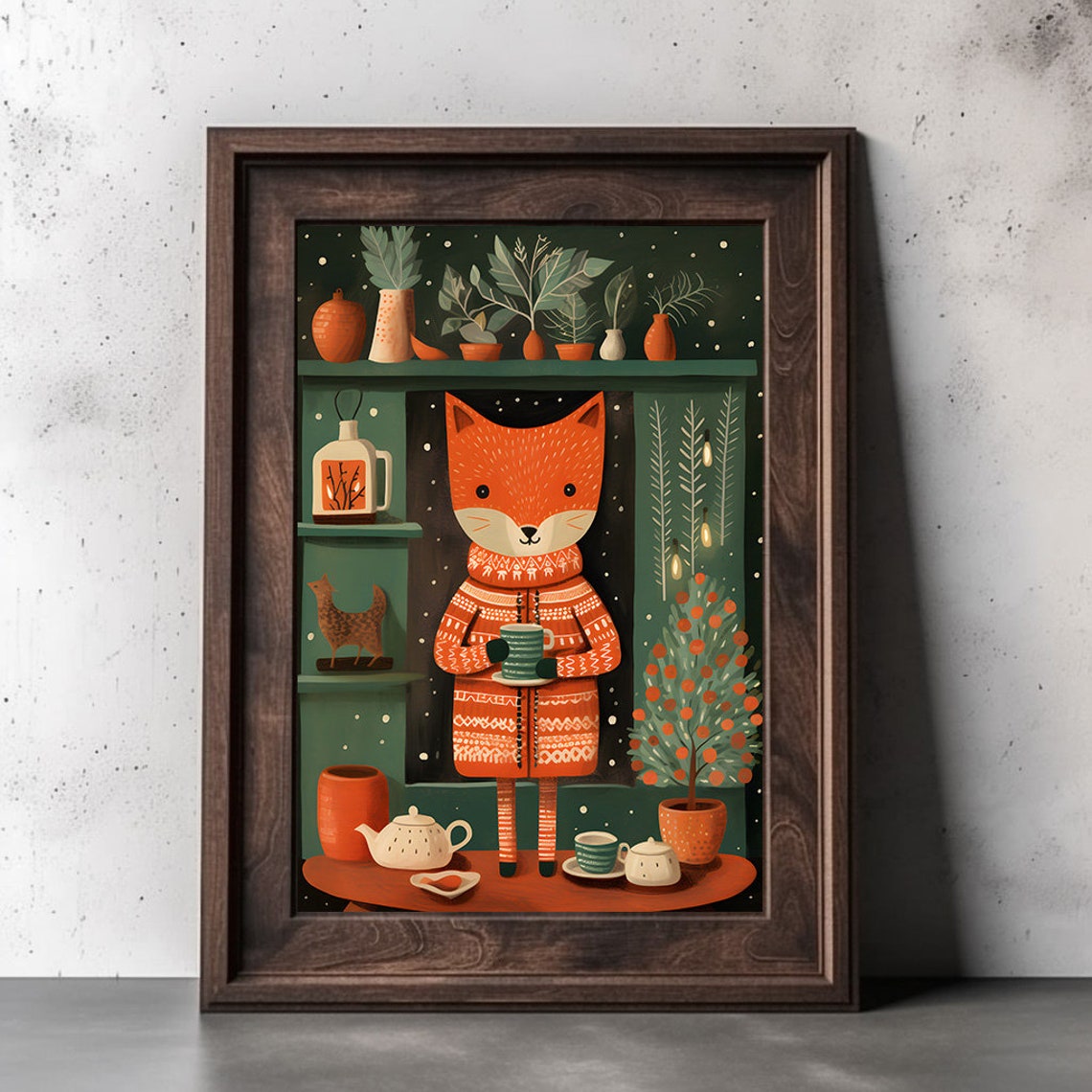 Cute Winter Fox In Orange Fair Isle Sweater With Hot Cocoa Poster - Image 3
