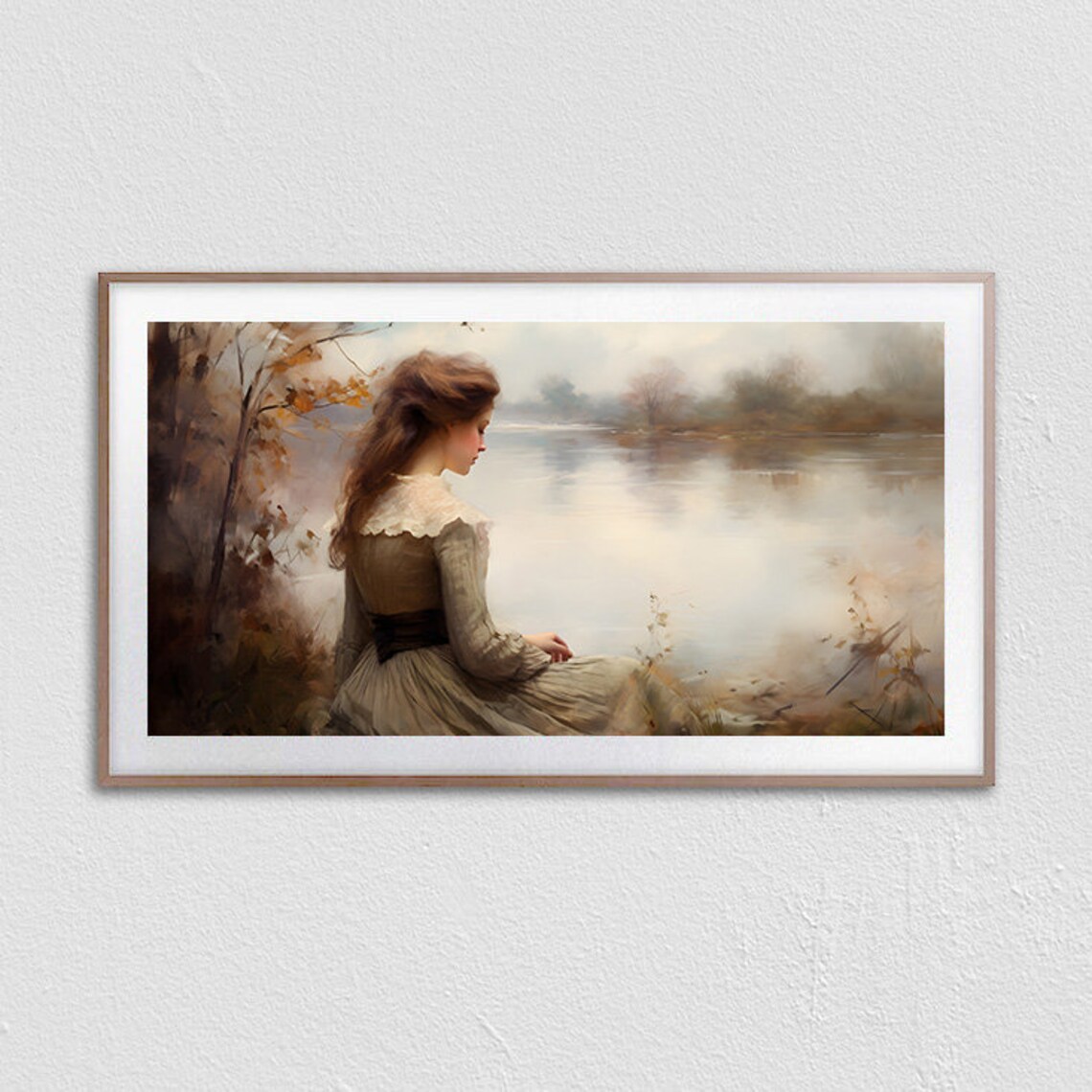 Victorian Woman By Misty Autumn Lake Vintage Romantic Poster - Image 2
