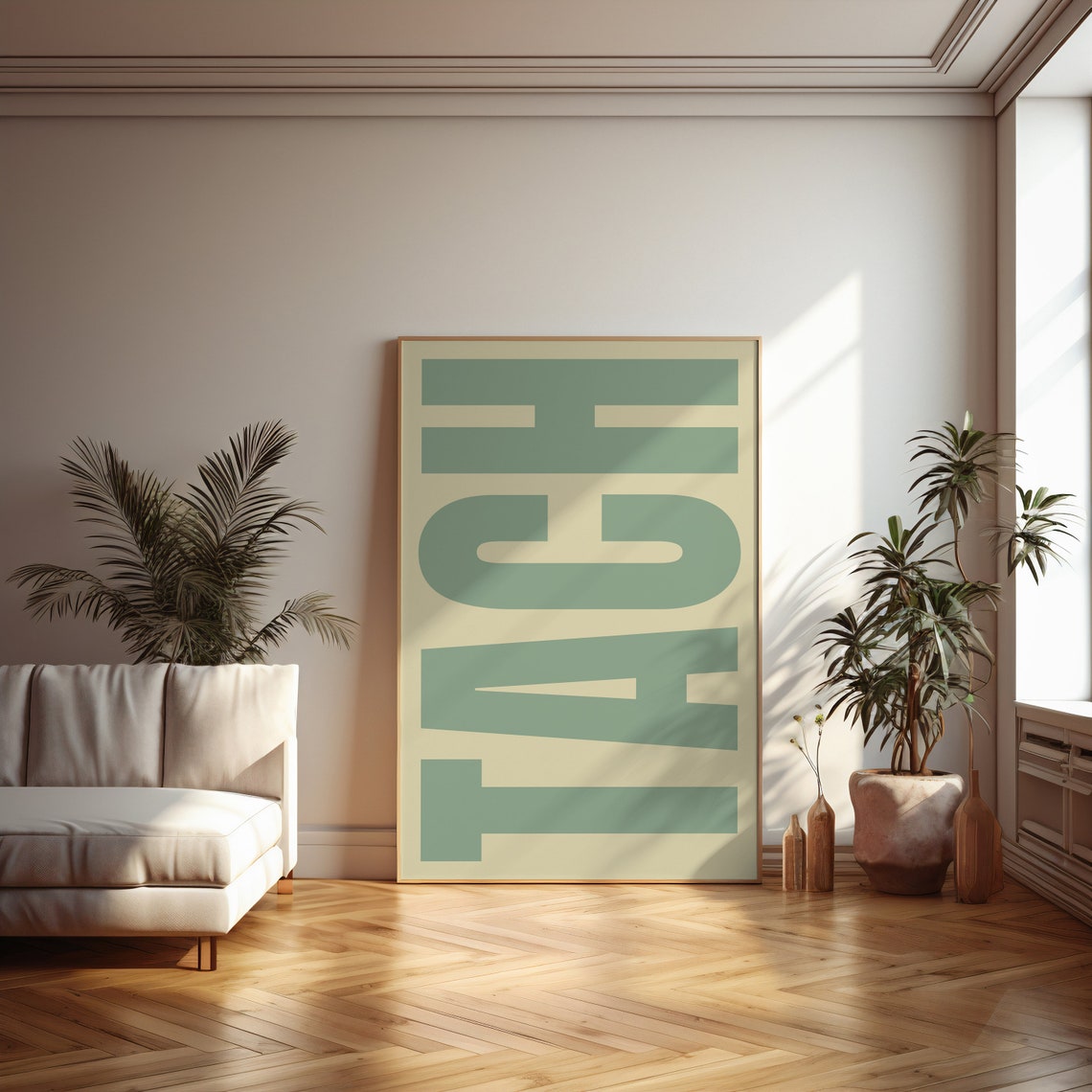 Hello Typography Poster, Sage Green On Beige