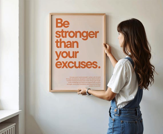Be Stronger Than Your Excuses Print Motivational Poster Fitness Home Gym Homeoffice Inspirational Orange