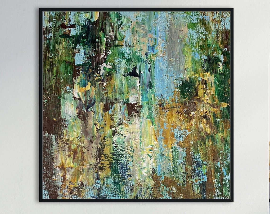 Green Gold Blue Forest Textured Abstract Square Wall Art Poster