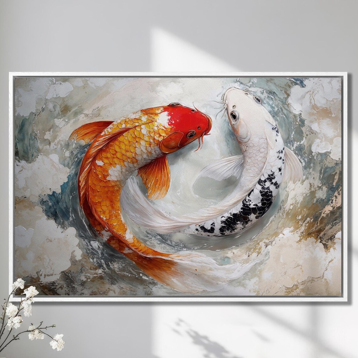 Yin Yang Koi Fish Pair Orange White Asian Inspired Pond Art Poster