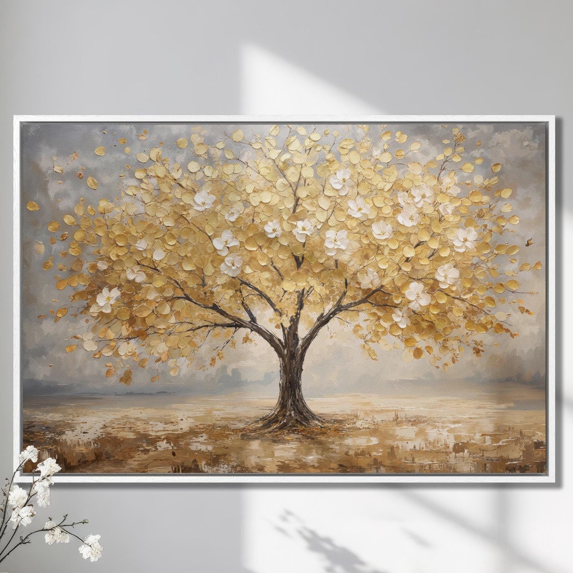 Golden Leaf Tree With White Blossoms Abstract Nature Painting Poster