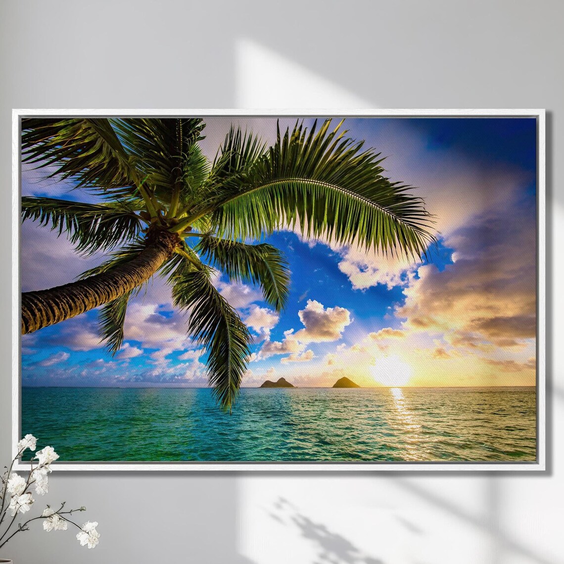 Palm Tree Over Turquoise Ocean At Sunrise Tropical Island Art Poster