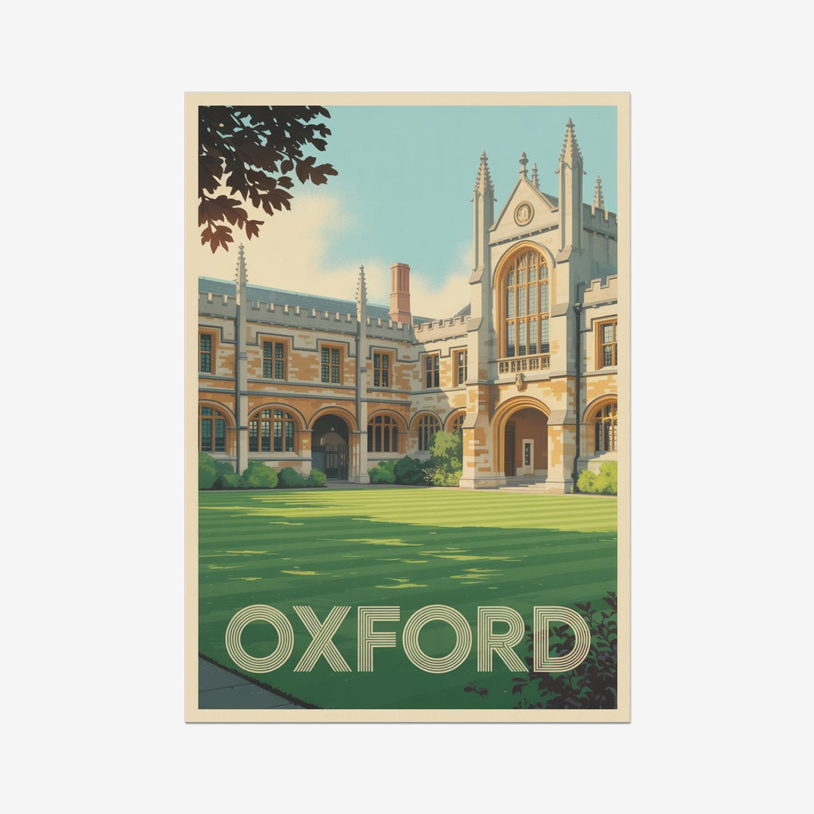 Oxford England Gothic College Courtyard Vintage Travel Poster