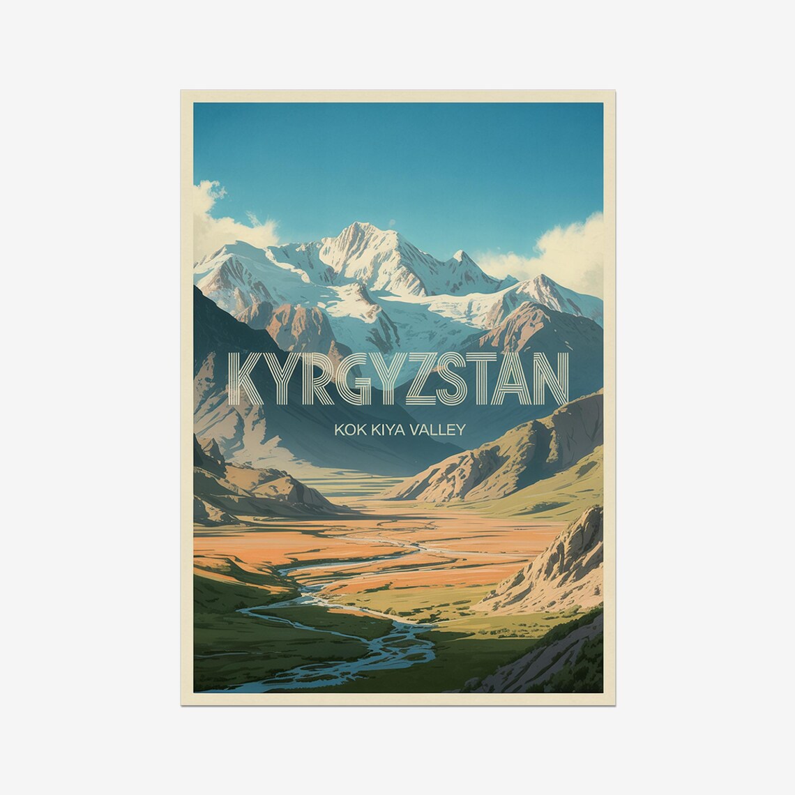 Kyrgyzstan Kok Kiya Valley Snowy Mountain Scenic Travel Poster