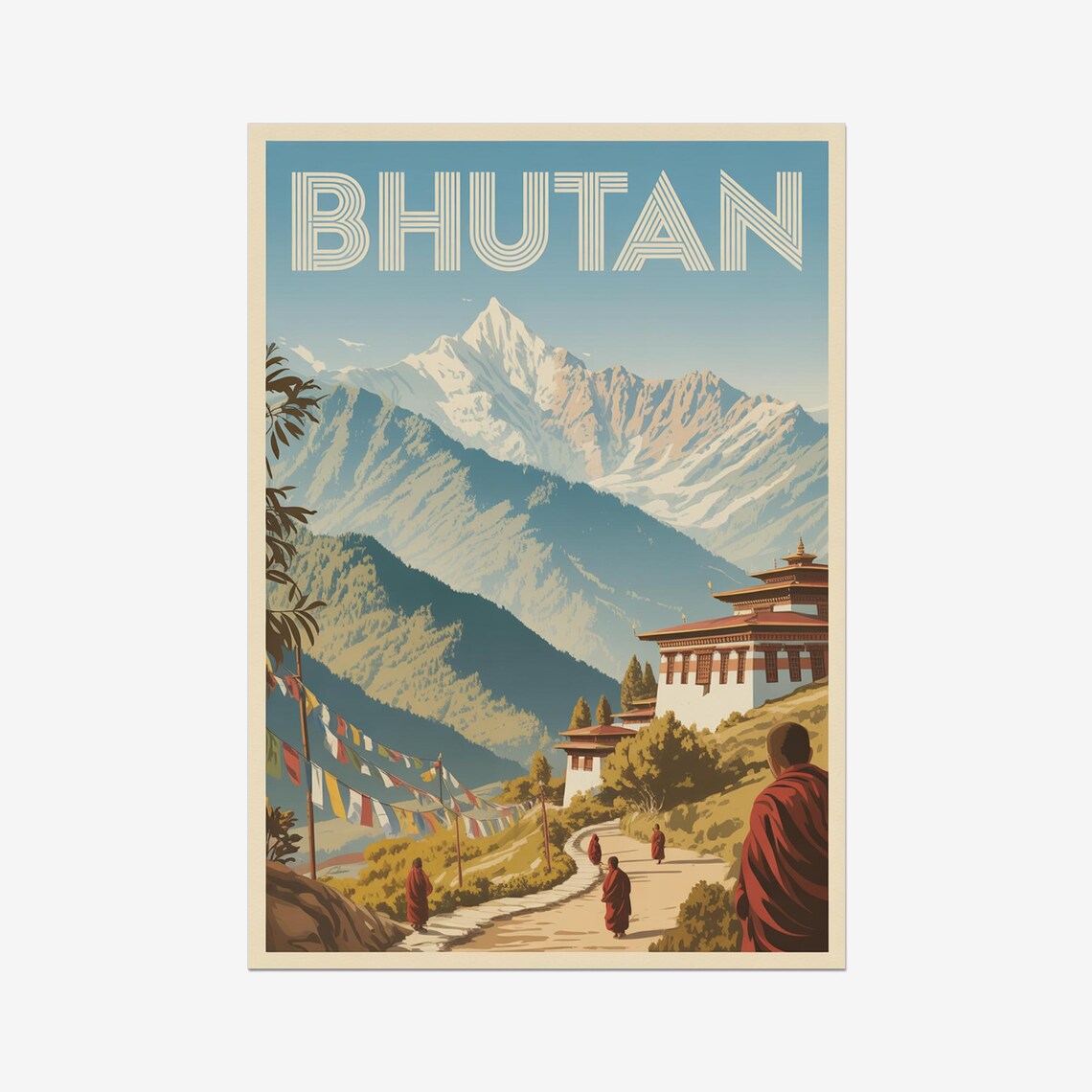 Bhutan Himalayas Monastery Monks Vintage Mountain Travel Poster