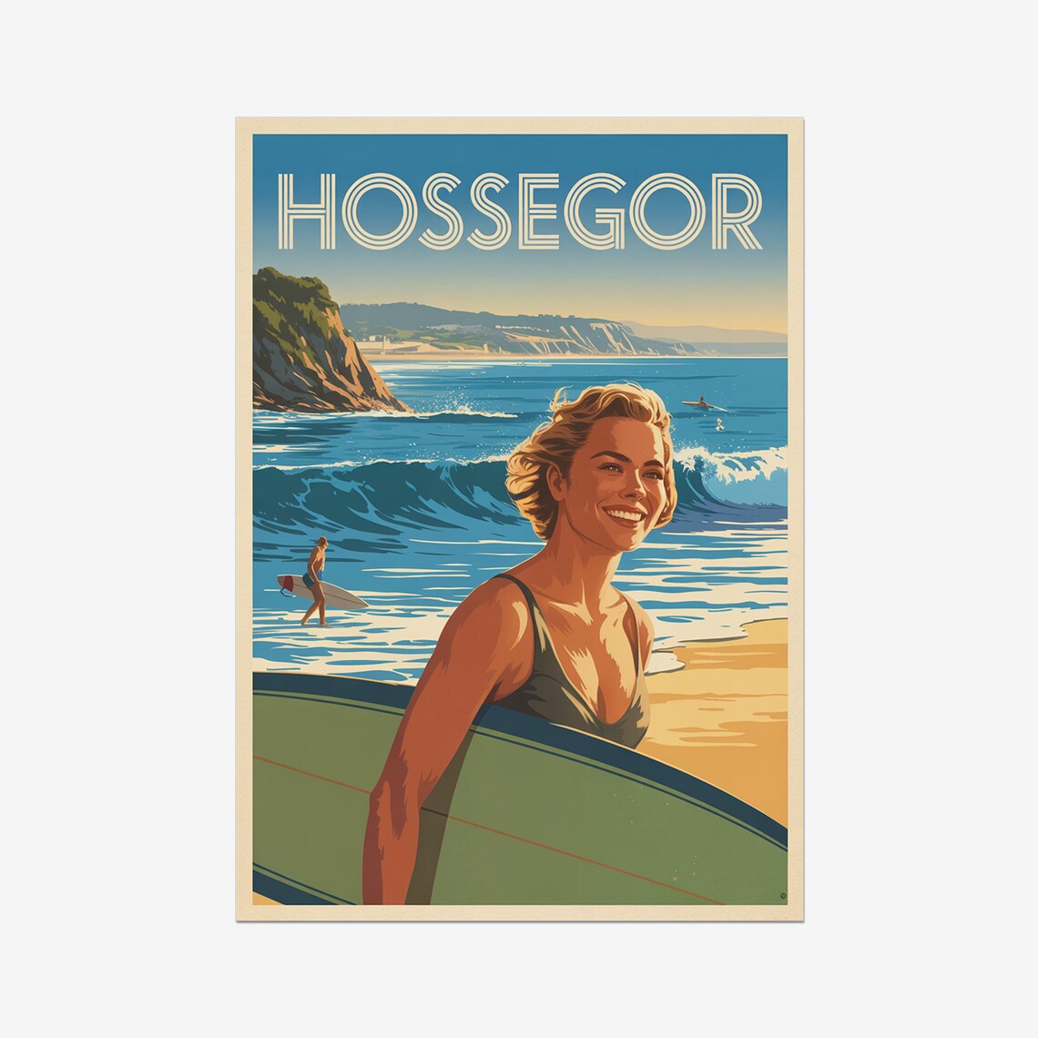 Hossegor France Surf Beach Woman Surfer Retro Waves Travel Poster
