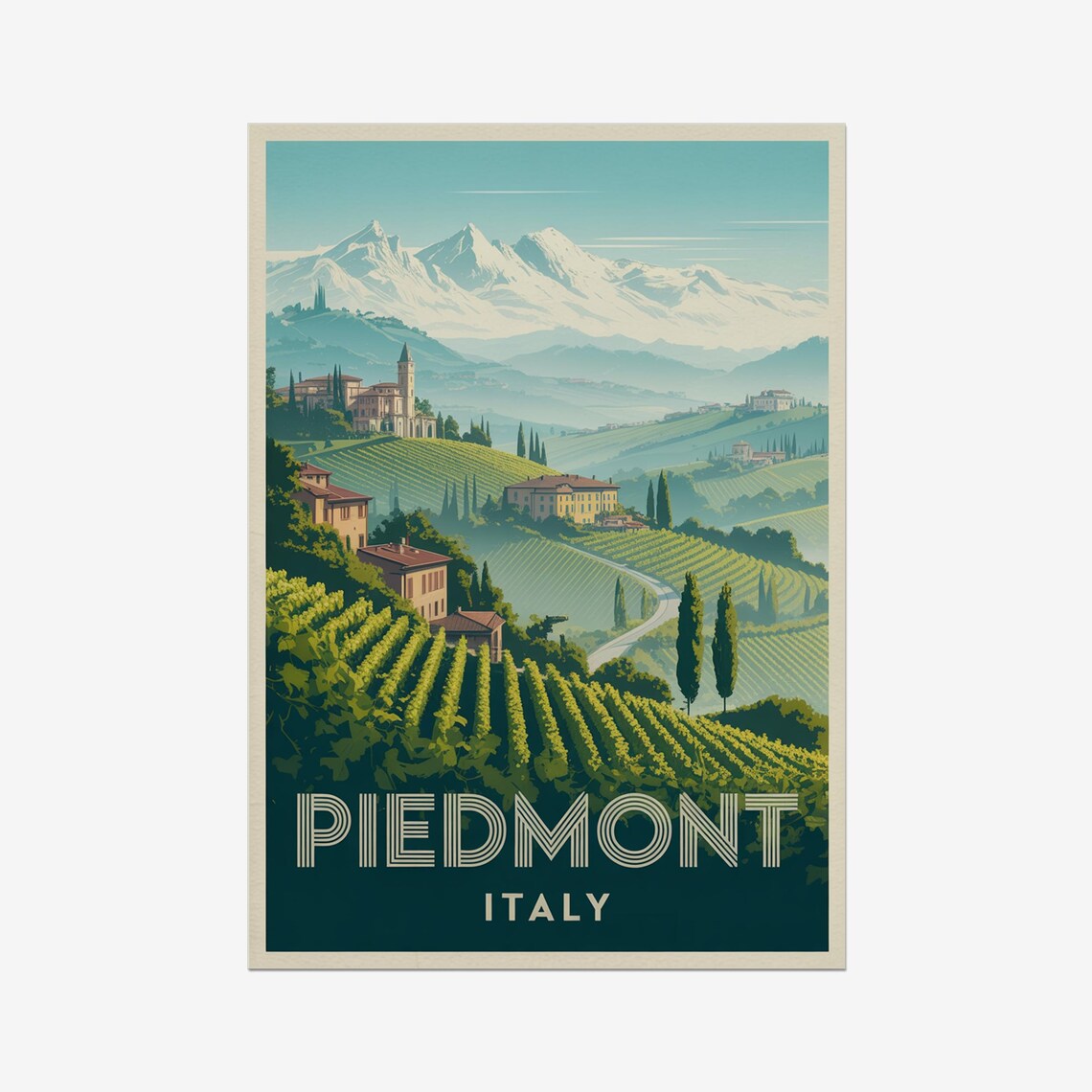 Piedmont Italy Vineyard Hills Alpine Scenery Vintage Travel Poster