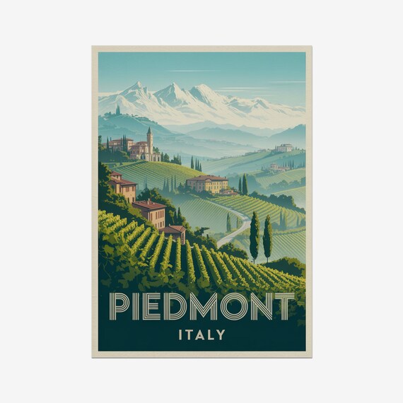 Piedmont Italy Vineyard Hills Alpine Scenery Vintage Travel Poster