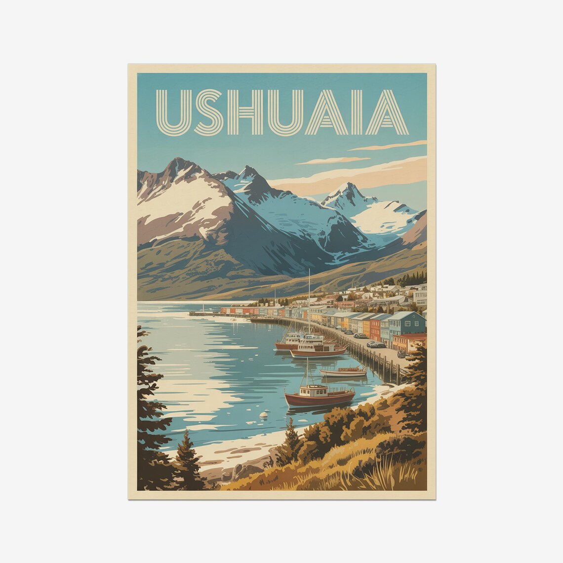 Ushuaia Snowy Peaks Harbor Boats Argentina Vintage Travel Poster