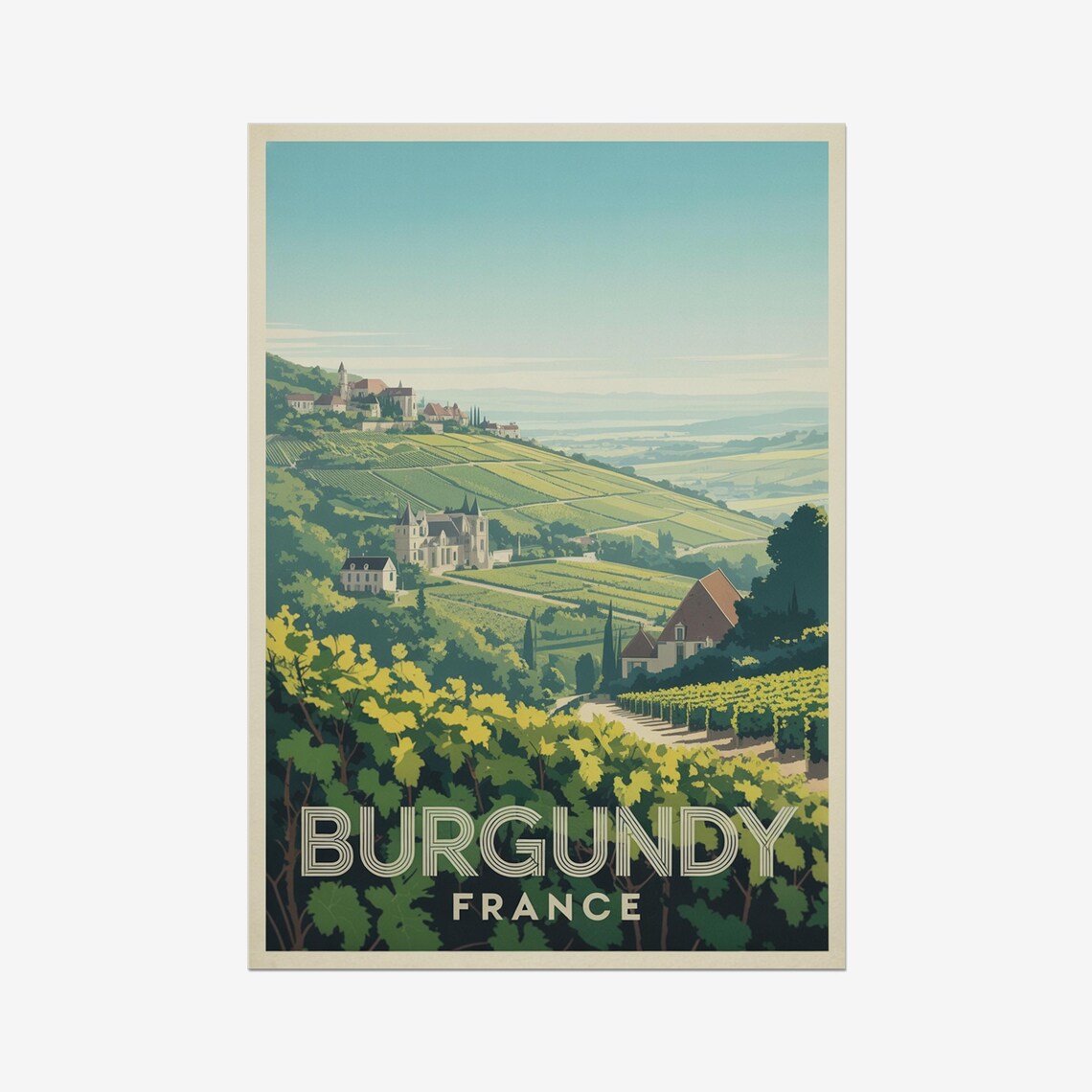 Burgundy France Chateau Vineyard Hills Vintage Travel Poster