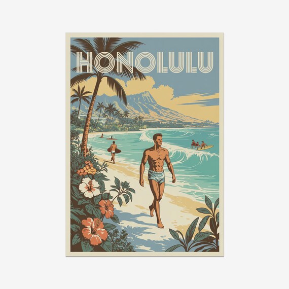Honolulu Hawaii Diamond Head Vintage Surf Beach Travel Poster