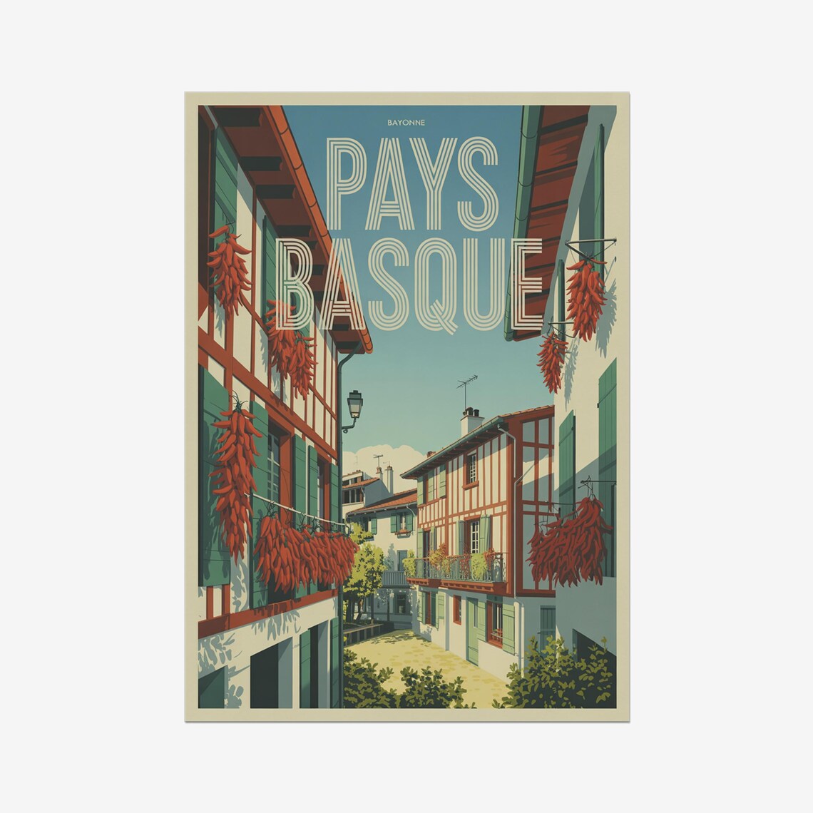 Pays Basque France Bayonne Street Chili Strings Retro Travel Poster