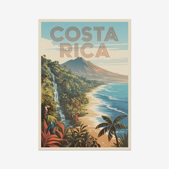Costa Rica Volcano Beach Waterfall Toucan Jungle Vintage Travel Poster