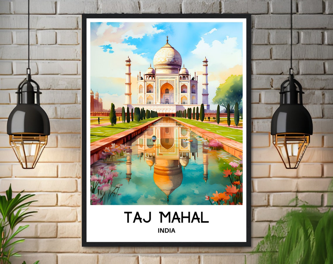 Taj Mahal Watercolor Reflection Pool Agra India Travel Poster - Image 3