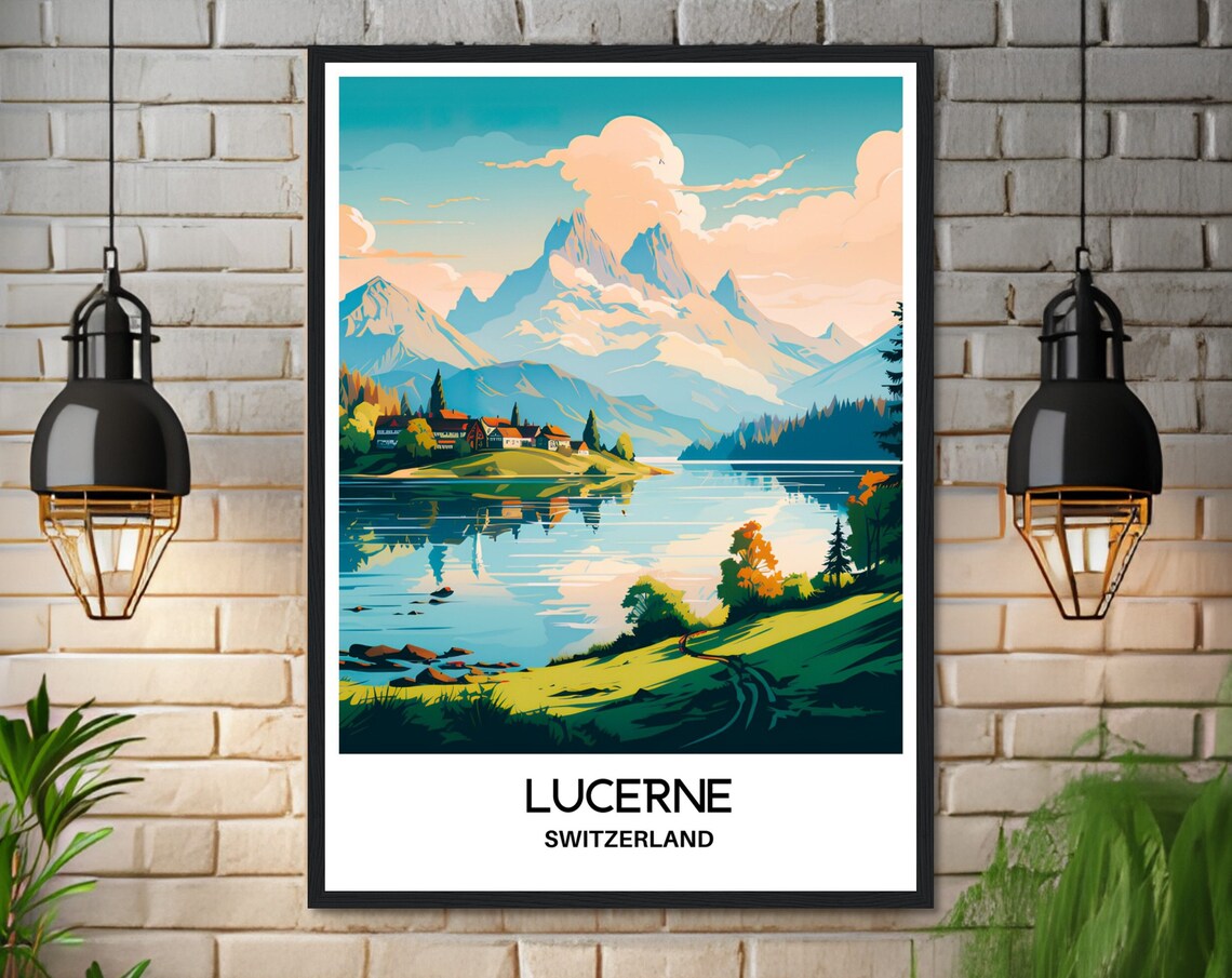 Lucerne Switzerland Lake Village Alpine Mountains Travel Poster - Image 3