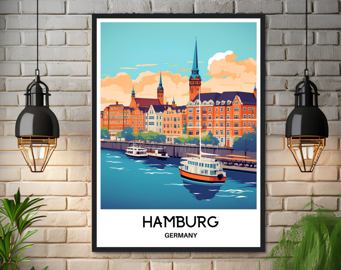 Beautiful Hamburg Harbor Boats Germany Vintage Travel Poster - Image 3