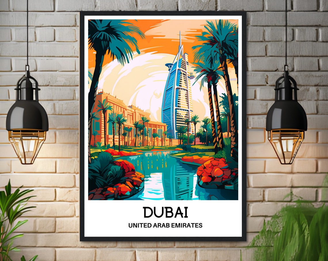Dubai Burj Al Arab With Palm Trees Sunset Illustration Travel Poster - Image 3