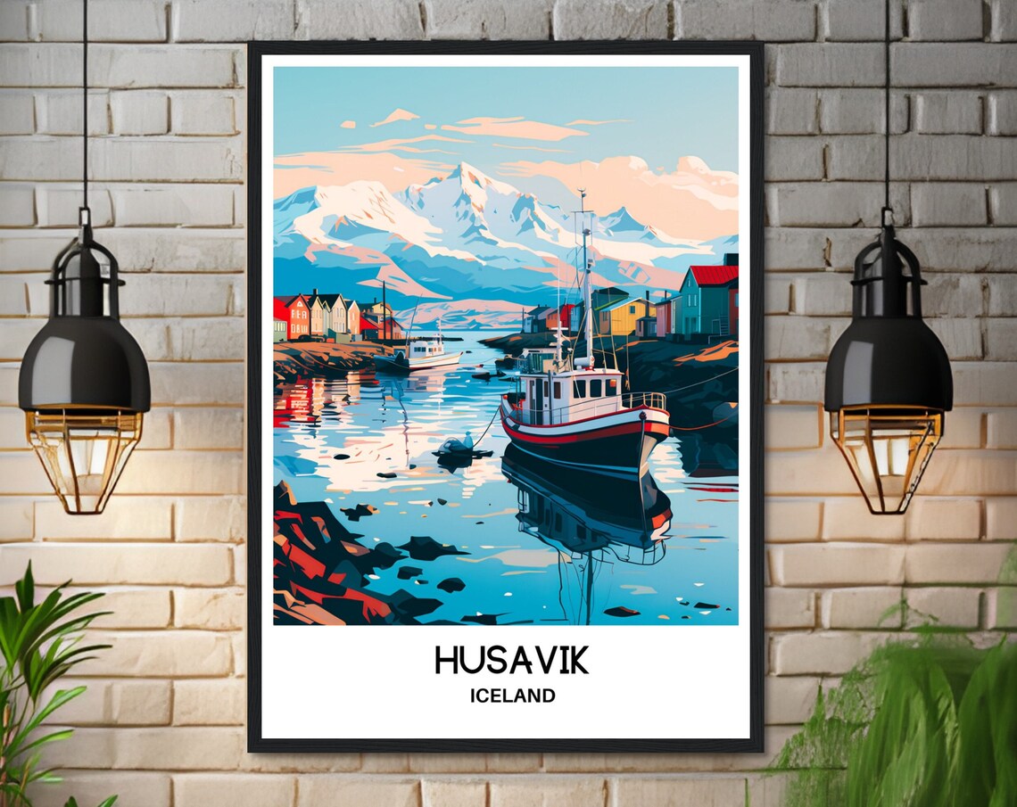 Husavik Iceland Fishing Harbor Boats Snowy Mountains Travel Poster - Image 3