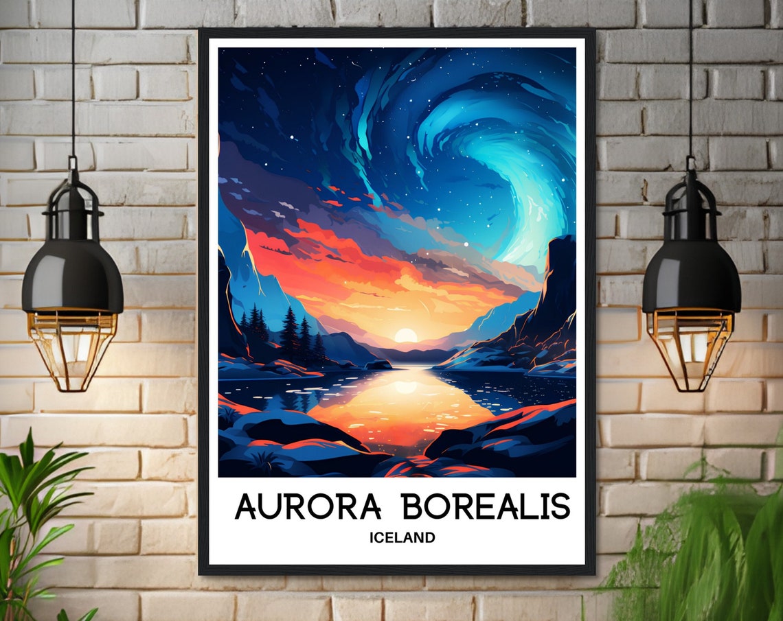 Aurora Borealis Iceland Night Sky Mountain Fjord Travel Poster - Image 3