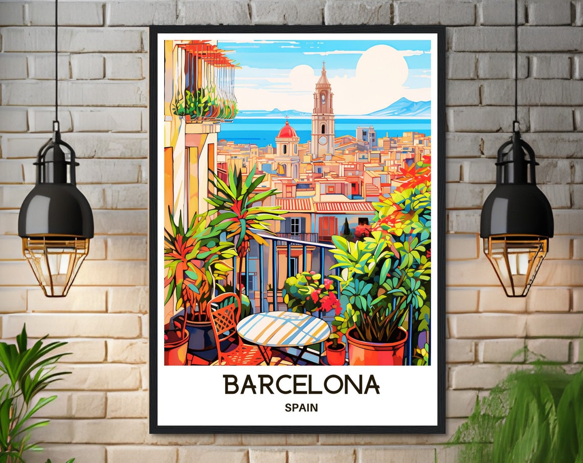 Barcelona Spain Old Town Balcony Overlooking Sea View Travel Poster - Image 3